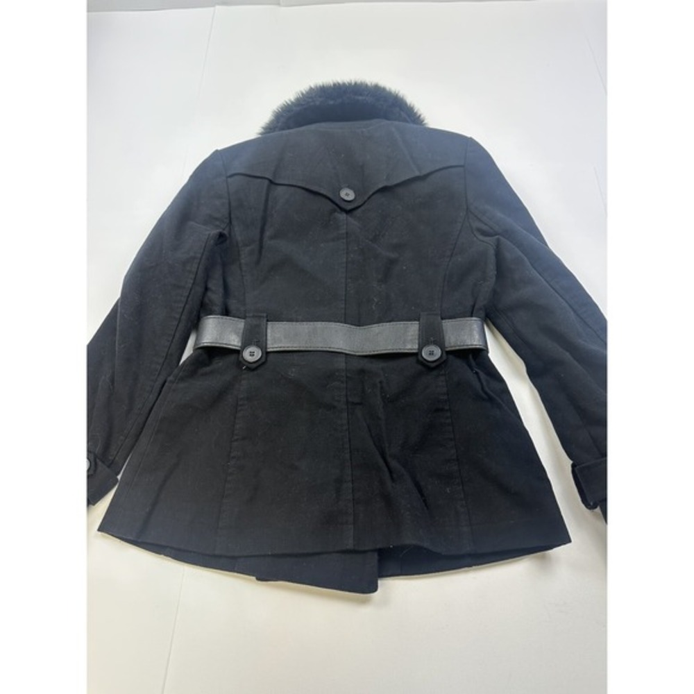 Ann Taylor Petite‎ Double Breasted Pea Coat Womens 0P Black Faux Fur Belted - Picture 6 of 6